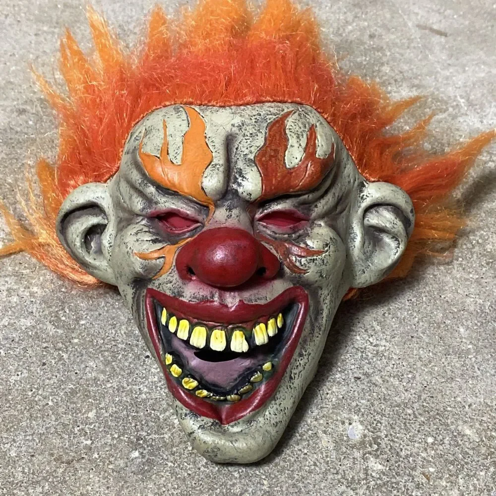 Evil Clown Adult Mask Orange Hair Grinning Teeth Latex Halloween Creepy